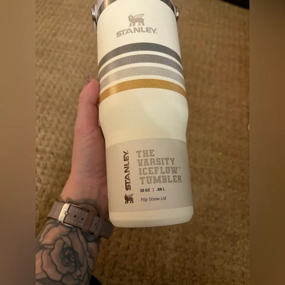 Stanley White Tumbler with Gray and Gold Stripe Accents - Picture 2 of 3